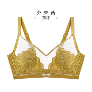 千奈美 断码薄蕾丝大胸显小内衣女全罩杯防凸点大码薄款文胸罩 芥末黄 75C D 通杯