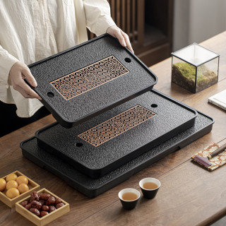 仿乌金石茶盘家用茶具茶台储水排水式干泡台轻奢现代托盘实木泡茶