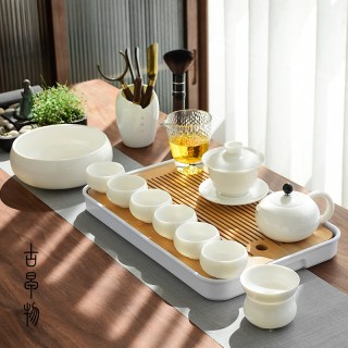 德化白瓷三才盖碗羊脂玉功夫茶具套装家用小套客厅简约泡茶壶茶杯