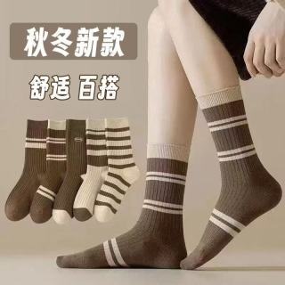 北极绒 冬季袜子美拉德中筒堆堆袜条纹防臭吸汗秋季袜子长筒袜 随机色3双 均码