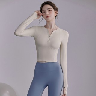 EPIH 自带胸垫长袖瑜伽服套装 奶白色+鸢尾蓝束腿裤