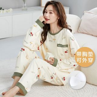 百亿补贴：博尼 带胸垫睡衣女生秋冬季长袖长裤套装宽松大码休闲甜美家居服可外穿