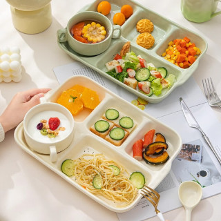CERAMICS 陶瓷分格餐盘大人家用减脂月子餐分隔食堂孕妇儿童早餐分餐盘餐具 分餐盘+双耳碗