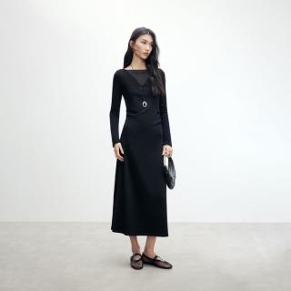 ONLY 秋季一字领透视纯色设计修身长袖长裙连衣裙女