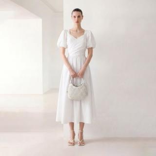 ONLY 2026秋季新款法式方领绑带短袖中长款连衣裙女