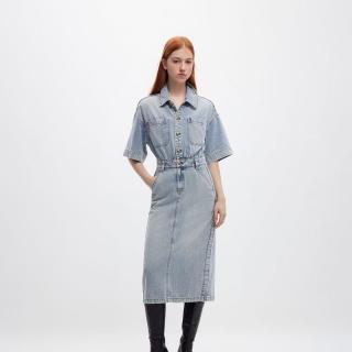 ONLY 秋季翻领收腰短袖中长裙牛仔高级感连衣裙女