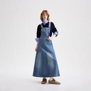 ONLY 秋季复古做旧磨白可调节背带高级感长款连衣裙