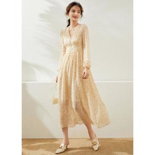 限尺码：白鹿语 春秋装法式气质V领仙女裙长袖连衣裙女裙子