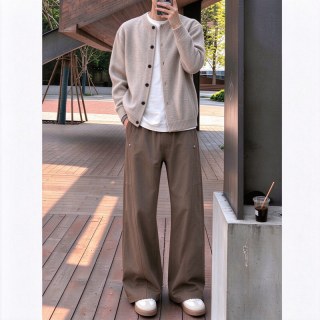 月伊纺 秋冬复古纯色卫裤男宽松直筒阔腿裤青年百搭弯刀休闲裤学生工装裤