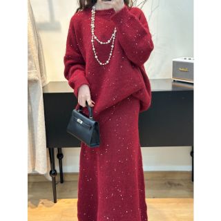 日系慵懒风软糯闪闪毛衣松紧腰鱼尾长裙两件套简约松弛针织套装女