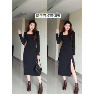 张阿星加绒黑天鹅方领收腰修身可调节侧开叉小黑裙