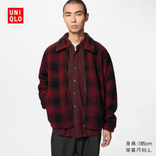 优衣库 仿羊羔绒摇粒绒拉链茄克/长袖印花男装女装外套夹克489487 16 红色 2XL