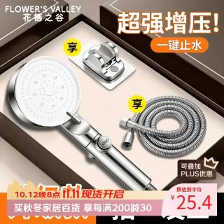 花栖之谷 大面板五档增压淋浴头免打孔支架家用手持花洒带软管一套