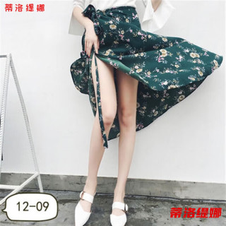 蒂洛缇娜 胖瘦都可穿一片式半身裙长裙女夏系带雪纺裹裙中长款碎花沙滩裙 12-09  绿底皱菊 均码