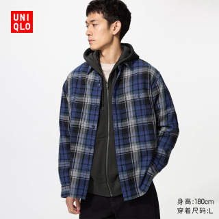 优衣库 竹节棉格子衬衫/长袖男装/衬衣空调衫493440 69 藏青色 2XL