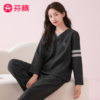 芬腾 睡衣情侣防静电德绒秋新款双面绒运动风假两件外穿家居服套装 碳灰-女款 S