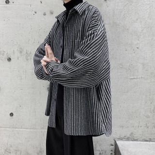 劳伦鲨 春秋季加厚衬衫大码复古条纹男士宽松休闲长袖ins潮流衬衣外套男