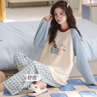 卡之恋 睡衣女款秋春2026新款纯棉长袖带胸垫秋季全棉布料女士家居服套装