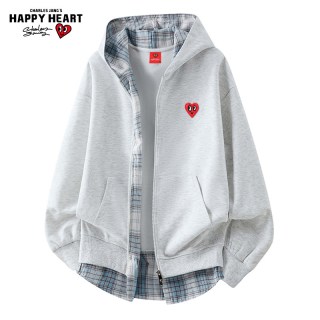 CHARLES JANG'S HAPPY HEART 美式拼接格子假两件外套男女春秋冬季慵懒连帽开衫卫衣