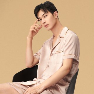 金三塔 礼物 100%桑蚕丝丝滑舒适真丝男士短袖短裤两件套宽松睡衣