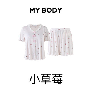 88VIP：MY BODY 商场同款MYBODY夏季睡衣女蕾丝V领罗纹爱心印花带胸垫短袖家居服