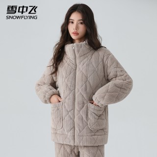 雪中飞 睡衣男士冬季珊瑚绒加厚三层夹棉情侣可外穿家居服冬天棉袄