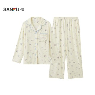 三福 女睡衣冬季新款套装翻领长袖卡通宽松海岛绒抗菌家居服