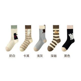 88VIP：棉竹屋 袜子女款复古美拉德中筒春秋季可爱卡通条纹抗菌防臭吸汗无骨棉袜