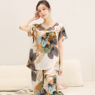 暖扬扬 棉绸睡衣女夏季妈妈人造棉短袖家居服薄款大码中年人绵绸两件套装