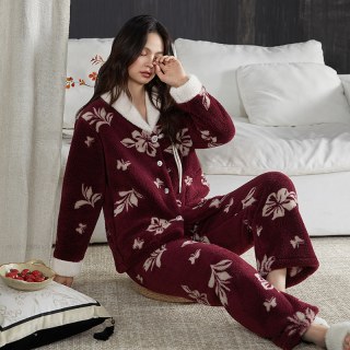 CDMP 秋冬保暖珊瑚绒女可外穿大翻领蝴蝶花酒红加厚家居服套装喜庆睡衣