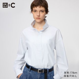 优衣库 棉质立领条纹衬衫/长袖优衣库女装合作款/衬衣空调衫489451