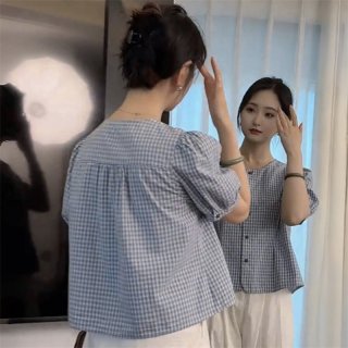 嘉菲梦娜 设计感小众格纹短袖圆领衬衫女2026夏季新款宽松洋气显瘦百搭上衣