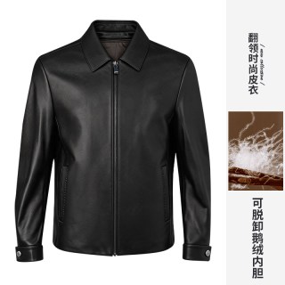 才子 翻领真皮皮衣男士新款鹅绒内胆羊皮革皮夹克外套