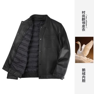 才子 绵羊皮真皮皮衣男2026冬新款翻领羽绒皮夹克外套