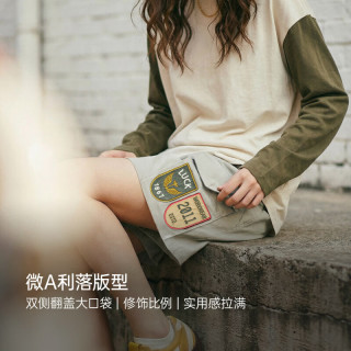 马登 五折！美式复古四分A字版直筒显瘦可外穿休闲工装短裤新款女士热裤夏季 灰绿色 巨好看的刺绣设计感短裤