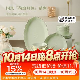 雅誠德 陶瓷餐具套装荷塘月色家用碗具碗筷组合中式高档乔迁送礼 13件套
