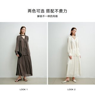 迪赛尼斯 鎏光缎面飘带衬衫秋季新款通勤气质单排扣V领长袖上衣女