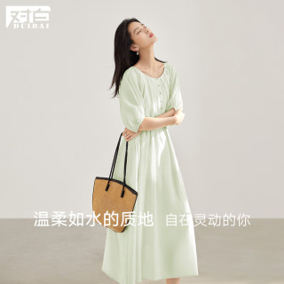 DUIBAI 欧若风气质醋酸连衣裙女2026夏季新款法式宽松灯笼袖垂感长裙 冰绿色 M