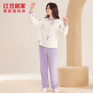 红豆居家 睡衣 女士法兰绒甜美套头睡衣 柔软保暖圆领家居服套装