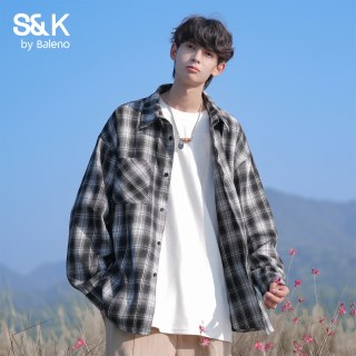 班尼路 SK秋季格子长袖衬衫男款宽松新款青少年休闲翻领男士外套YS