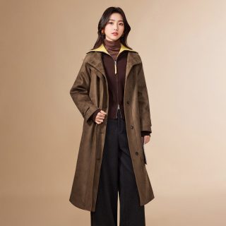 爱依服 2026冬季新款磨砂皮长外套英伦风皮衣宽松立领通勤风衣