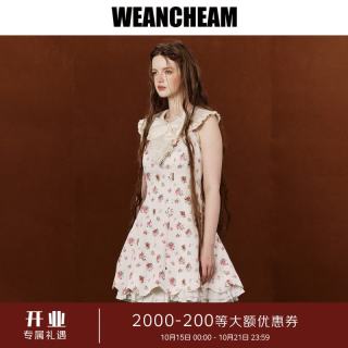 WEancheAM 未未姆2026秋新款碎花蝴蝶结古董连衣裙娃娃领无袖收腰 米色 S