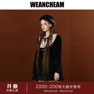 WEancheAM 未未姆 2026秋新款英格兰古典绣花娃娃裙蝴蝶结蕾丝边 黑色 M