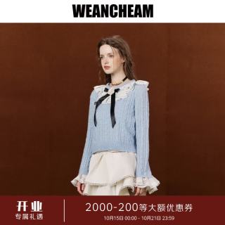 WEancheAM 未未姆 2026秋新款蝴蝶结fafa蕾丝毛衣女士针织衫上衣 蓝色 M