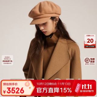 TEASEL及适「晚宴惊鸿」大翻领轻盈保暖短款系带纯羊绒大衣女 金驼色（100%羊绒） M （72小时内发货）