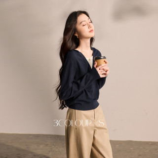 三彩2026早秋季新款假两件针织衫藏青色连帽毛衫套头休闲通勤女S