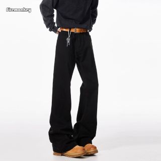火猴 黑色弹力牛仔裤男女微喇修身直筒cleanfit高街潮流休闲长裤子