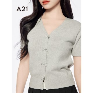 A21 女装灰色暗扣开衫V领短袖薄款毛针织衫夏季新款学院风短款上衣