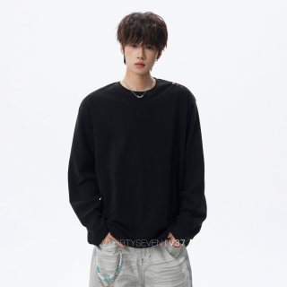 V37 美式肩部刺绣纯色长袖T恤男秋cleanfit休闲百搭圆领打底衫上衣