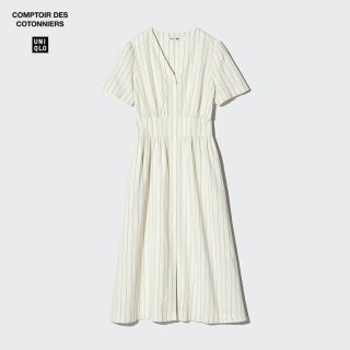 优衣库 麻混纺条纹V领连衣裙/短袖优衣库女装合作款/裙子485751